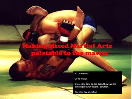 Making Mixed Martial Arts palatable to the masses PC Comments: Good image. Interesting take on the task. Shows you're thinking about problem / solution.