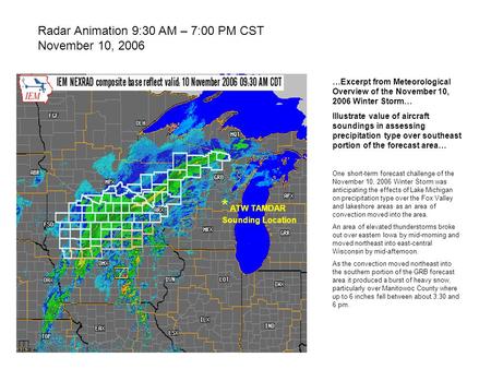 Radar Animation 9:30 AM – 7:00 PM CST November 10, 2006 …Excerpt from Meteorological Overview of the November 10, 2006 Winter Storm… Illustrate value of.