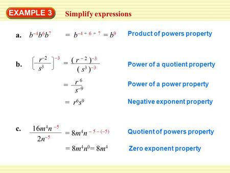 EXAMPLE 3 Simplify expressions a. b –4 b 6 b 7 Product of powers property b.b. r –2 –3 s3s3 ( r – 2 ) –3 ( s 3 ) –3 = Power of a quotient property = r.