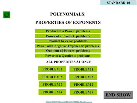 1 Product of a Power: problems STANDARD 10 Power of a Product: problems POLYNOMIALS: PROPERTIES OF EXPONENTS PROBLEM 1 PROBLEM 2 PROBLEM 3 PROBLEM 4 PROBLEM.