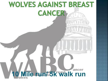 10 Mile run/ 5k walk run.  Mission of Wolves Against Breast Cancer:  Educate students about the TRUTHS of breast cancer, advocacy, and evidence- based.