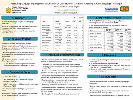 Measuring Language Development in Children: A Case Study of Grammar Checking in Child Language Transcripts Khairun-nisa Hassanali and Yang Liu {nisa,