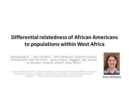 Differential relatedness of African Americans to populations within West Africa Katarzyna Bryc 1**, Amy Williams 1**, Nick Patterson 2, Solomon Musani.