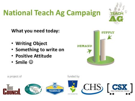 National Teach Ag Campaign What you need today: Writing Object Something to write on Positive Attitude Smile.