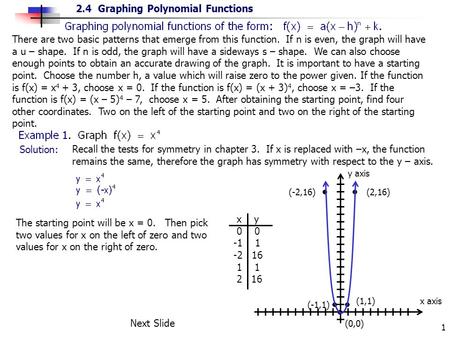 2.4 Graphing Polynomial Functions 1 x y 0 0 -1 1 -2 16 1 1 2 16 There are two basic patterns that emerge from this function. If n is even, the graph will.