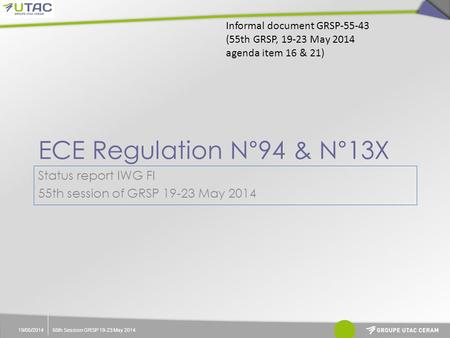 ECE Regulation N°94 & N°13X 19/05/201455th Session GRSP 19-23 May 2014 Status report IWG FI 55th session of GRSP 19-23 May 2014 Informal document GRSP-55-43.