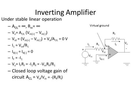 Inverting Amplifier Under stable linear operation – A OL = ∞, R in = ∞ – V o = A OL (V in(+) – V in(-) ) – V id = (V in(+) – V in(-) ) = V o /A OL = 0.
