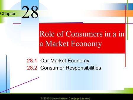 © 2010 South-Western, Cengage Learning Chapter © 2010 South-Western, Cengage Learning Role of Consumers in a in a Market Economy 28.1Our Market Economy.