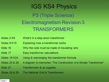 IGS KS4 Physics P3 (Triple Science) Electromagnetism Revision 3 TRANSFORMERS Slide 1 Slides 2  8What’s in a step-down transformer Slides 9  15Explaining.