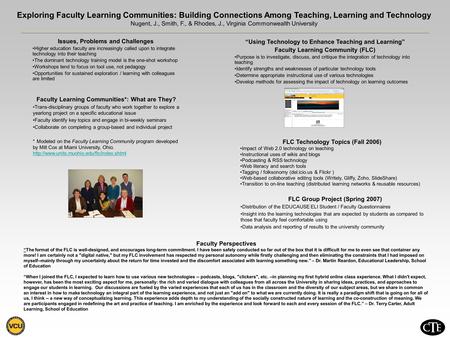 Exploring Faculty Learning Communities: Building Connections Among Teaching, Learning and Technology Nugent, J., Smith, F., & Rhodes, J., Virginia Commonwealth.