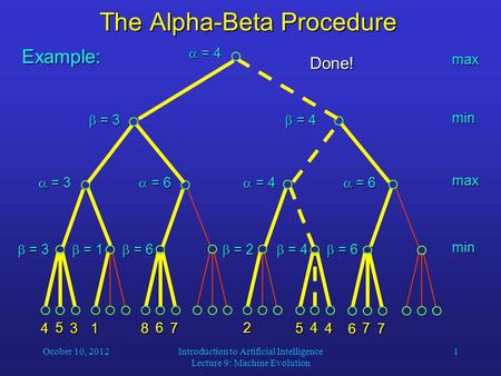 Ocober 10, 2012Introduction to Artificial Intelligence Lecture 9: Machine Evolution 1 The Alpha-Beta Procedure 4 5 31 8 6 7 2 5 4 4 6 7 7 Example: max.