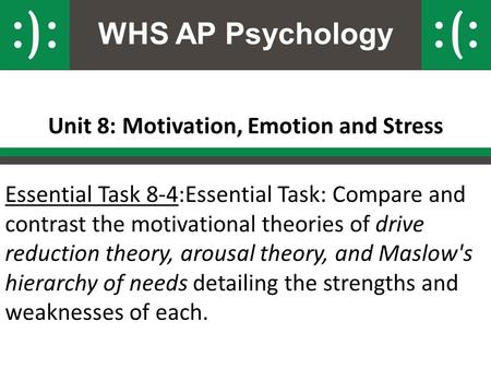 WHS AP Psychology Unit 8: Motivation, Emotion and Stress Essential Task 8-4:Essential Task: Compare and contrast the motivational theories of drive reduction.