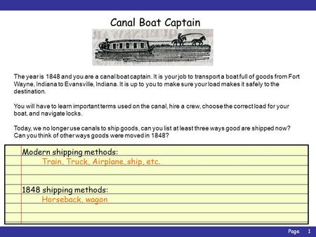 Page1 Canal Boat Captain The year is 1848 and you are a canal boat captain. It is your job to transport a boat full of goods from Fort Wayne, Indiana to.