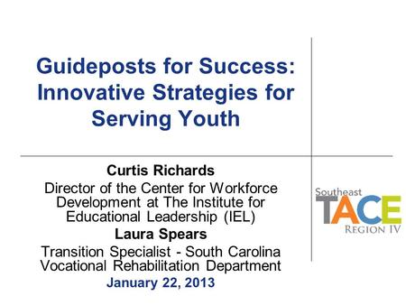 Guideposts for Success: Innovative Strategies for Serving Youth Curtis Richards Director of the Center for Workforce Development at The Institute for Educational.
