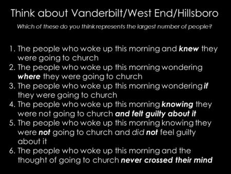 Think about Vanderbilt/West End/Hillsboro Which of these do you think represents the largest number of people? 1.The people who woke up this morning and.