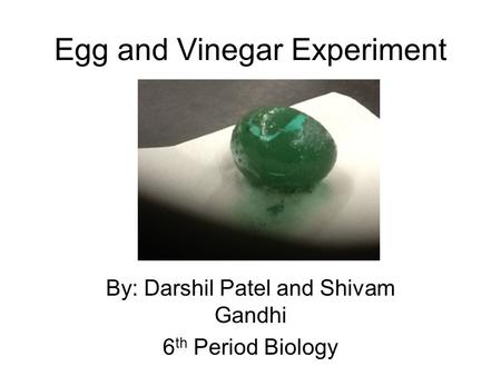 Egg and Vinegar Experiment By: Darshil Patel and Shivam Gandhi 6 th Period Biology.