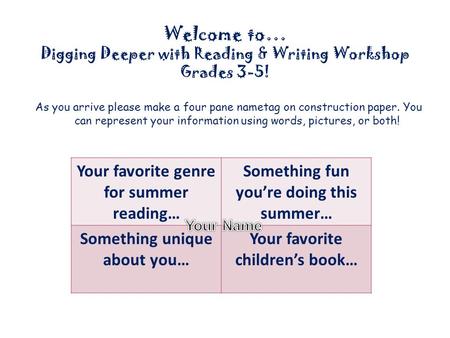 Welcome to… Digging Deeper with Reading & Writing Workshop Grades 3-5! As you arrive please make a four pane nametag on construction paper. You can represent.