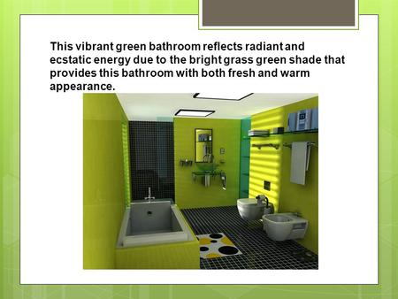 This vibrant green bathroom reflects radiant and ecstatic energy due to the bright grass green shade that provides this bathroom with both fresh and warm.