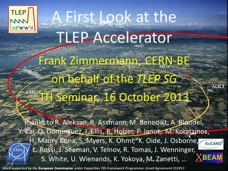 Work supported by the European Commission under Capacities 7th Framework Programme, Grant Agreement 312453 A First Look at the TLEP Accelerator Frank Zimmermann,