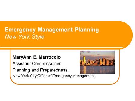 MaryAnn E. Marrocolo Assistant Commissioner Planning and Preparedness New York City Office of Emergency Management Emergency Management Planning New York.