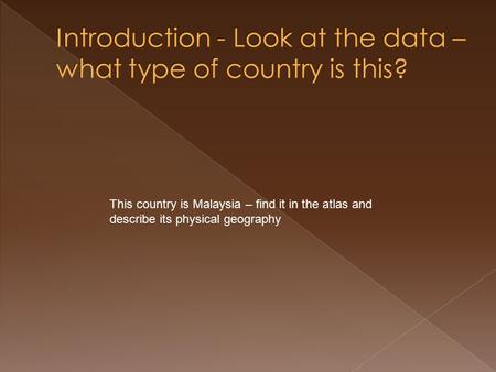 This country is Malaysia – find it in the atlas and describe its physical geography.