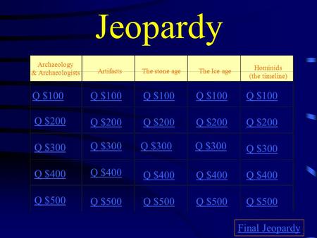 Jeopardy Archaeology & Archaeologists ArtifactsThe stone ageThe Ice age Q $100 Q $200 Q $300 Q $400 Q $500 Q $100 Q $200 Q $300 Q $400 Q $500 Final Jeopardy.