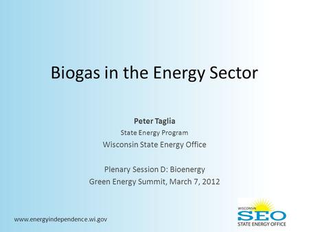 Biogas in the Energy Sector Peter Taglia State Energy Program Wisconsin State Energy Office Plenary Session D: Bioenergy Green Energy Summit, March 7,