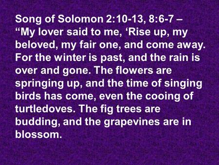 Song of Solomon 2:10-13, 8:6-7 – “My lover said to me, ‘Rise up, my beloved, my fair one, and come away. For the winter is past, and the rain is over and.