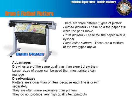 Technical department - boclair academy There are three different types of plotter: Flatbed plotters - These hold the paper still while the pens move Drum.