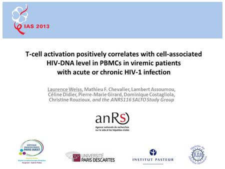 T-cell activation positively correlates with cell-associated HIV-DNA level in PBMCs in viremic patients with acute or chronic HIV-1 infection Laurence.