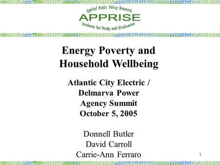 1 Energy Poverty and Household Wellbeing Atlantic City Electric / Delmarva Power Agency Summit October 5, 2005 Donnell Butler David Carroll Carrie-Ann.