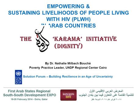 EMPOWERING & SUSTAINING LIVELIHOODS OF PEOPLE LIVING WITH HIV (PLWH) IN ARAB COUNTRIES THE ‘karama’ INITIATIVE (DigNITY) By Dr. Nathalie Milbach Bouché.