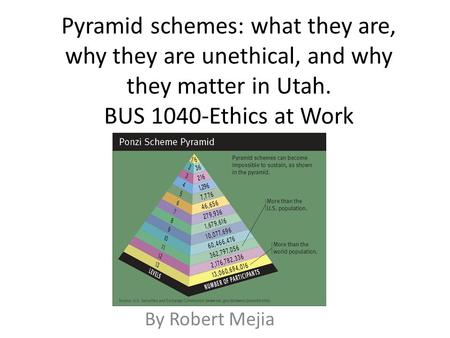 Pyramid schemes: what they are, why they are unethical, and why they matter in Utah. BUS 1040-Ethics at Work By Robert Mejia.