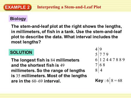EXAMPLE 2 Interpreting a Stem-and-Leaf Plot Biology The stem-and-leaf plot at the right shows the lengths, in millimeters, of fish in a tank. Use the stem-and-leaf.