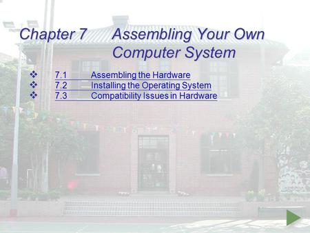 Chapter 7Assembling Your Own Computer System  7.1Assembling the Hardware 7.1Assembling the Hardware 7.1Assembling the Hardware  7.2Installing the Operating.