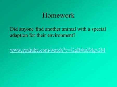 Homework Did anyone find another animal with a special adaption for their environment? www.youtube.com/watch?v=GgB4u6Mgy2M.