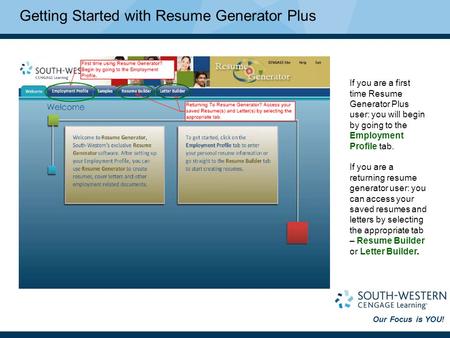 Our Focus is YOU! Getting Started with Resume Generator Plus If you are a first time Resume Generator Plus user: you will begin by going to the Employment.