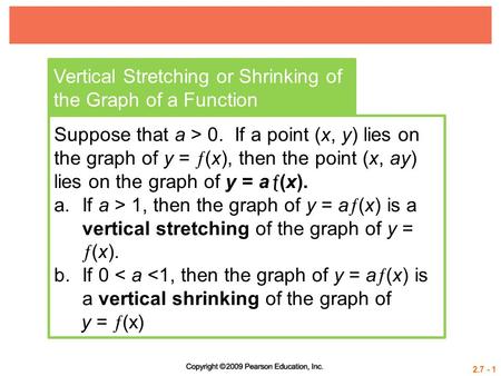 2.7 - 1 Vertical Stretching or Shrinking of the Graph of a Function Suppose that a > 0. If a point (x, y) lies on the graph of y =  (x), then the point.