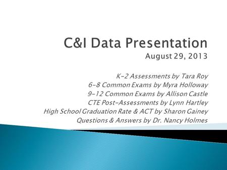 K-2 Assessments by Tara Roy 6-8 Common Exams by Myra Holloway 9-12 Common Exams by Allison Castle CTE Post-Assessments by Lynn Hartley High School Graduation.