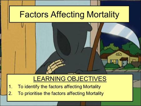 Factors Affecting Mortality LEARNING OBJECTIVES 1.To identify the factors affecting Mortality 2.To prioritise the factors affecting Mortality.