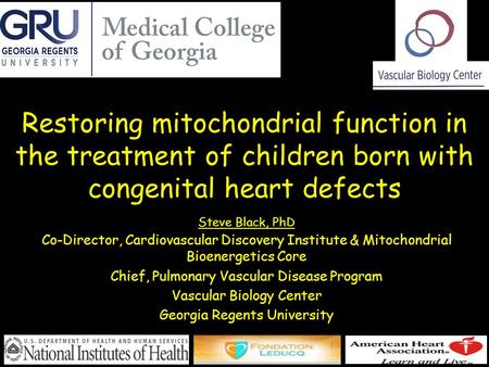Restoring mitochondrial function in the treatment of children born with congenital heart defects Steve Black, PhD Co-Director, Cardiovascular Discovery.