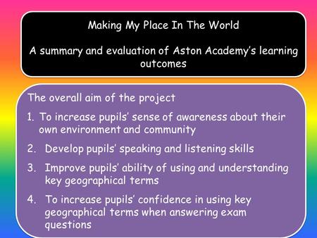 . Making My Place In The World A summary and evaluation of Aston Academy’s learning outcomes Making My Place In The World A summary and evaluation of Aston.