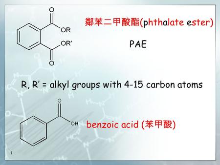 New Way Chemistry for Hong Kong A-Level Book 3A1 1 R, R’ = alkyl groups with 4-15 carbon atoms 鄰苯二甲酸酯 (phthalate ester) PAE benzoic acid ( 苯甲酸 )