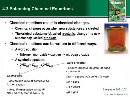 (c) McGraw Hill Ryerson 2007 4.3 Balancing Chemical Equations Chemical reactions result in chemical changes.  Chemical changes occur when new substances.