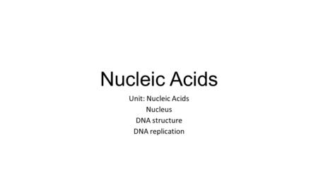 Nucleic Acids Unit: Nucleic Acids Nucleus DNA structure DNA replication.