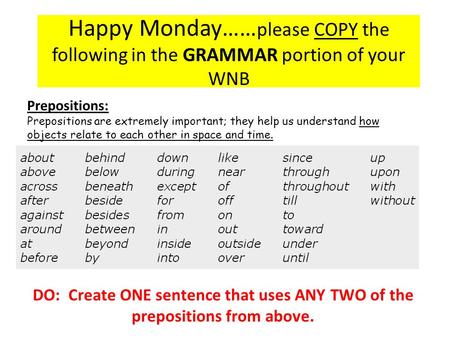 Happy Monday…… please COPY the following in the GRAMMAR portion of your WNB Prepositions: Prepositions are extremely important; they help us understand.