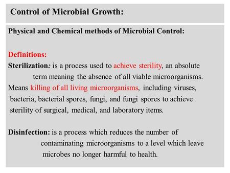 Control of Microbial Growth: