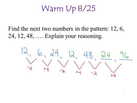 Warm Up 8/25 Find the next two numbers in the pattern: 12, 6, 24, 12, 48, …. Explain your reasoning.