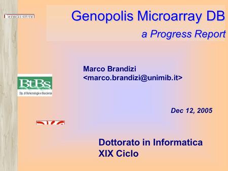 Genopolis Microarray DB a Progress Report Marco Brandizi Dec 12, 2005 Dottorato in Informatica XIX Ciclo.