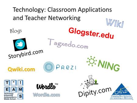 Technology: Classroom Applications and Teacher Networking Blogs Glogster.edu Storybird.com Dipity.com Qwiki.com Tagxedo.com.